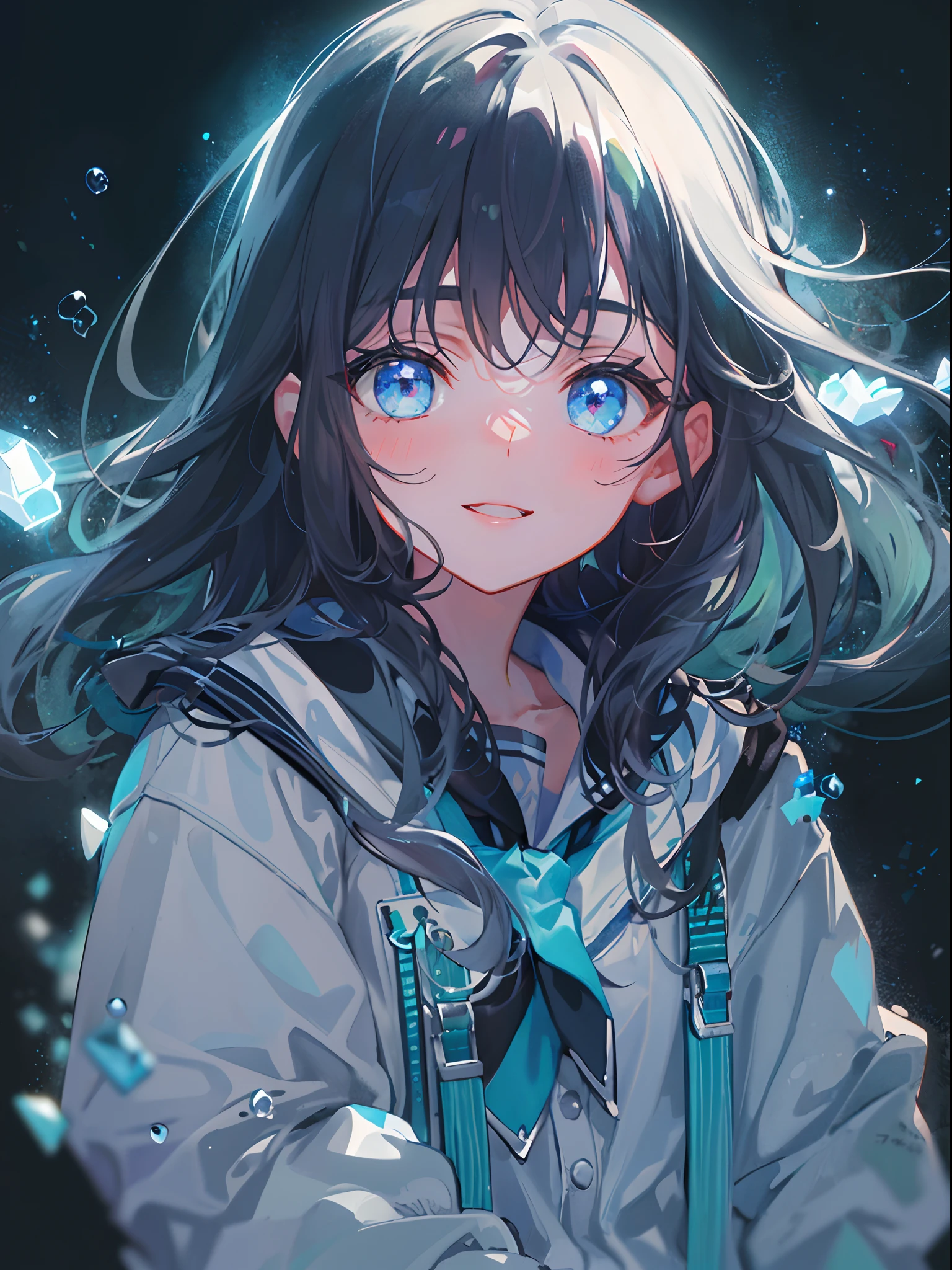 ((top-quality)), ((​masterpiece)), ((Ultra-detail)), (extremely delicate and beautiful), girl with, solo, cold attitude,((Black jacket)),She is very(relax)with  the(Settled down)Looks,A darK-haired, depth of fields,evil smile,Bubble, under the water, Air bubble,bright light blue eyes,Inner color with black hair and light blue tips,Cold background,Bob Hair - Linear Art, shortpants、knee high socks、White uniform like 、Light blue ribbon ties、Clothes are sheer、Hands in pockets、Ponytail hair、