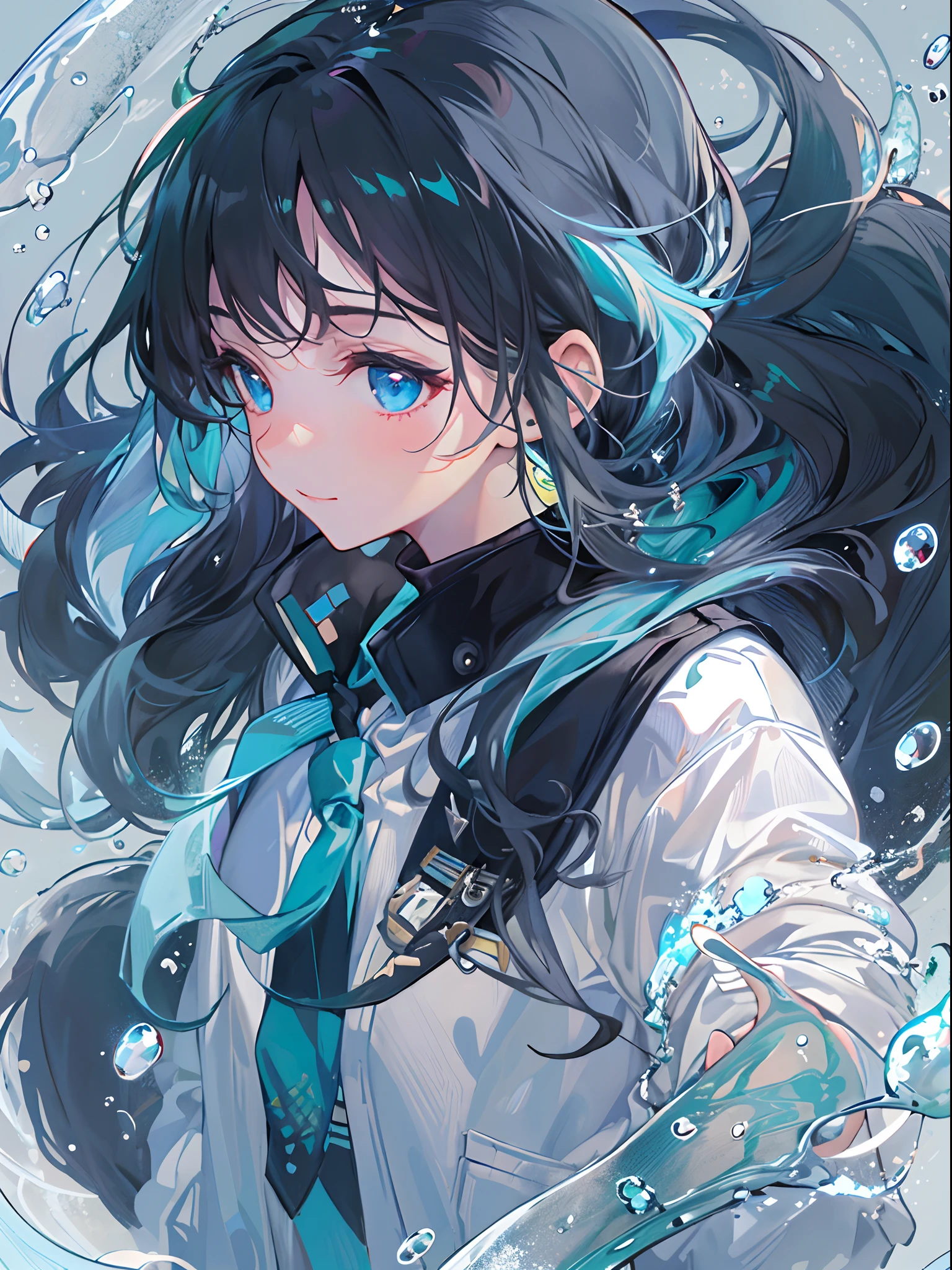 ((top-quality)), ((​masterpiece)), ((Ultra-detail)), (extremely delicate and beautiful), girl with, solo, cold attitude,((Black jacket)),She is very(relax)with  the(Settled down)Looks,A darK-haired, depth of fields,evil smile,Bubble, under the water, Air bubble,bright light blue eyes,Inner color with black hair and light blue tips,Cold background,Bob Hair - Linear Art, shortpants、knee high socks、White uniform like 、Light blue ribbon ties、Clothes are sheer、Hands in pockets、Ponytail hair