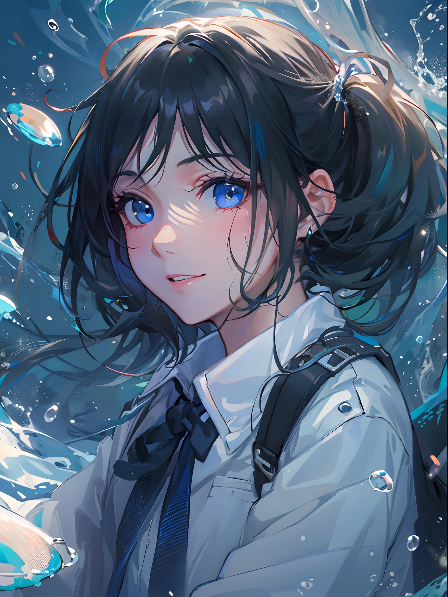 ((top-quality)), ((​masterpiece)), ((Ultra-detail)), (extremely delicate and beautiful), girl with, solo, cold attitude,((Black jacket)),She is very(relax)with  the(Settled down)Looks,A darK-haired, depth of fields,evil smile,Bubble, under the water, Air bubble,bright light blue eyes,Inner color with black hair and light blue tips,Cold background,Bob Hair - Linear Art, shortpants、knee high socks、White uniform like school uniform、Light blue ribbon ties、Clothes are sheer、Hands in pockets、Ponytail hair