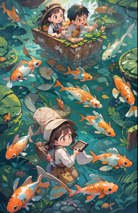 A graceful depiction of a young girl surrounded by a swirling flock of  mesmerizing koi fish, (lots of koi fishes),resembling an elegant and serene  Japanese ink painting. - SeaArt AI