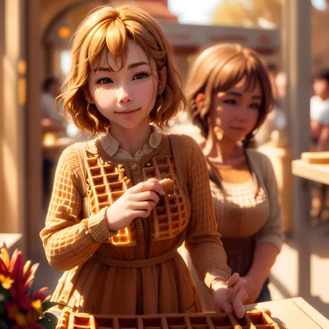 "A charming waffle woman illuminated by the golden hour, accompanied by a stunning depth of field effect." clear face