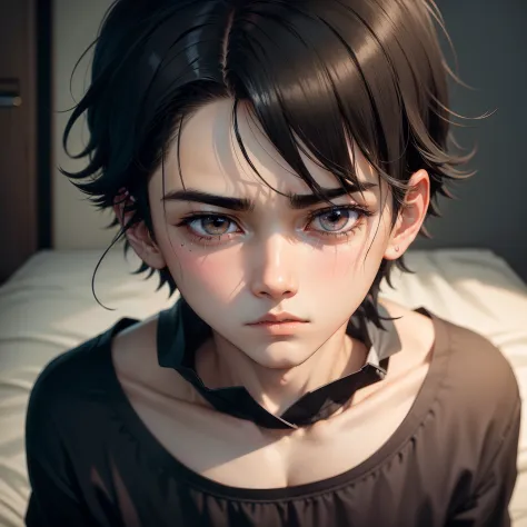 Generate an anime of A boy feeling sad because he cheated his girlfriend and now he is crying feelings guilty and miss her .boy must be soft skin cute black hair big eyes 19 years age .full with sadness