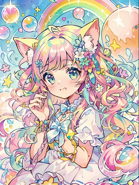 Yumekawa 、Cute as a dream、a pale、Moya、(​masterpiece、top-quality、top-quality、watercolor paiting(Curly)、Take a cute cat、Official a...