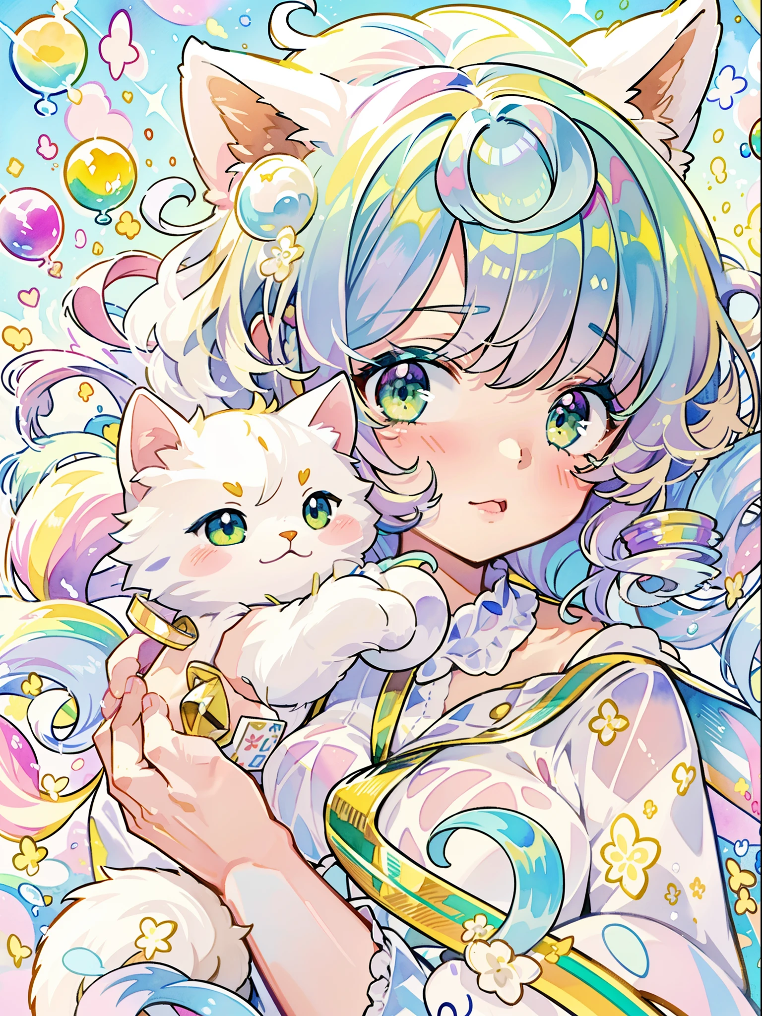 Yumekawa 、Cute as a dream、a pale、Moya、(​masterpiece、top-quality、top-quality、watercolor paiting(Curly)、Take a cute cat、Official art、Beautifully Aesthetic:1.2)、(a beauty girl:1.3)、patterns、(rainbow-colored hair、colourful hair:1.2)、Soap bubbles、Rainbow behind、​​clouds、colourfull、Soap bubbles、Hair spreads throughout、kawaii、pastels、Large ribbon、Lovely room、Rainbow Cat Plush Toy