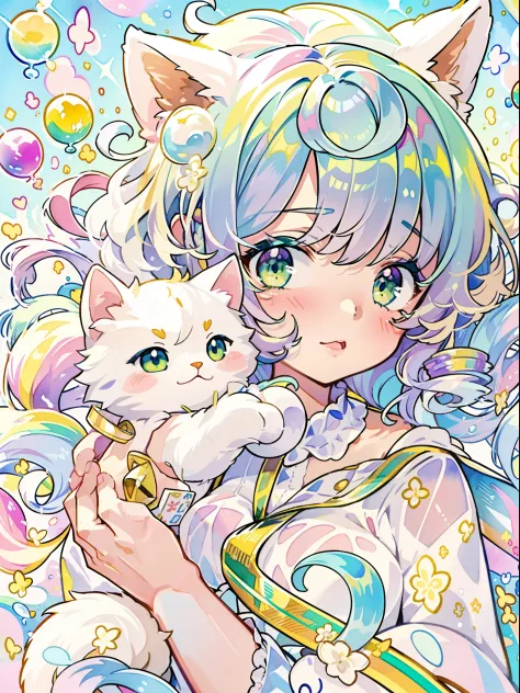 Yumekawa 、Cute as a dream、a pale、Moya、(​masterpiece、top-quality、top-quality、watercolor paiting(Curly)、Take a cute cat、Official a...