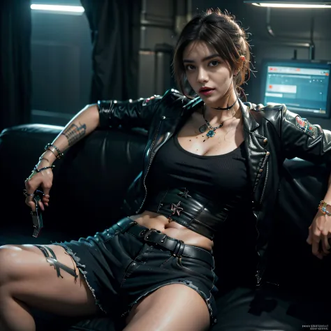 Alafi woman in corset sitting on couch with gun, cyberpunk angry gorgeous goddess, Cyberpunk Style, rococo cyberpunk, seductive ...