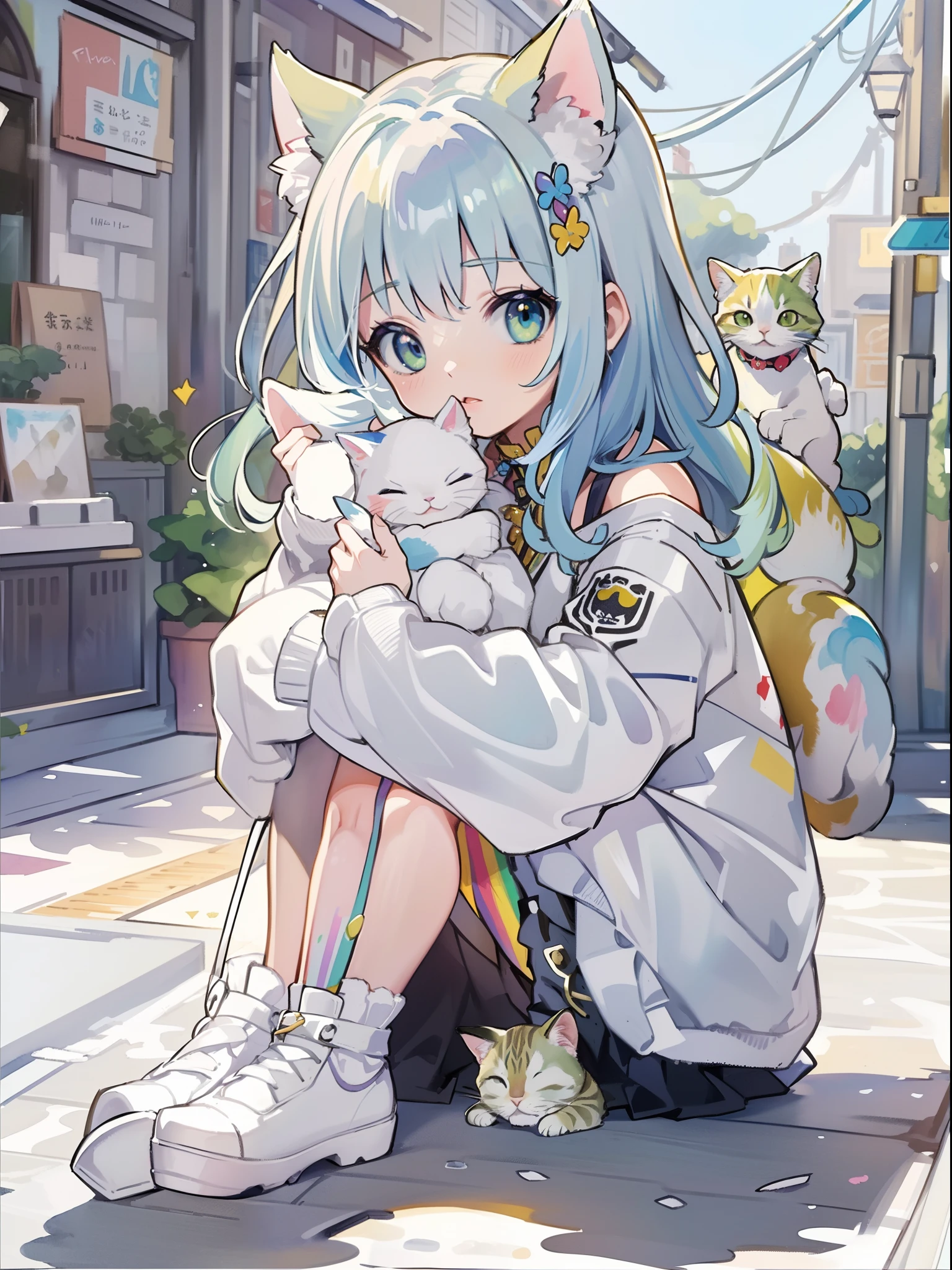 ((Best quality1.2))、((Masterpiece 1.2))、watercolor paiting、((Fashionable clothes))、((Take a cute cat 1.5))、white colors((rainbow-colored hair))、Back alley