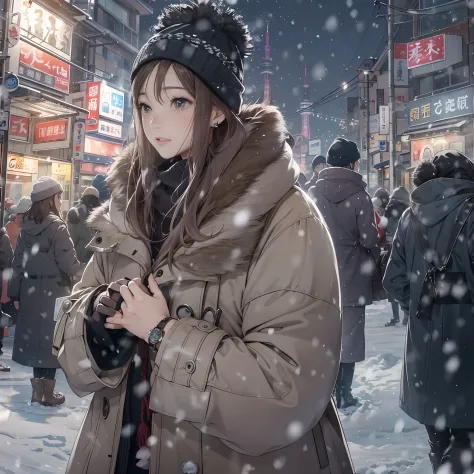 tokyo skytree background at night、depicting a heavy snowfall scene in the middle of winter、women in long coats。she has pale blac...