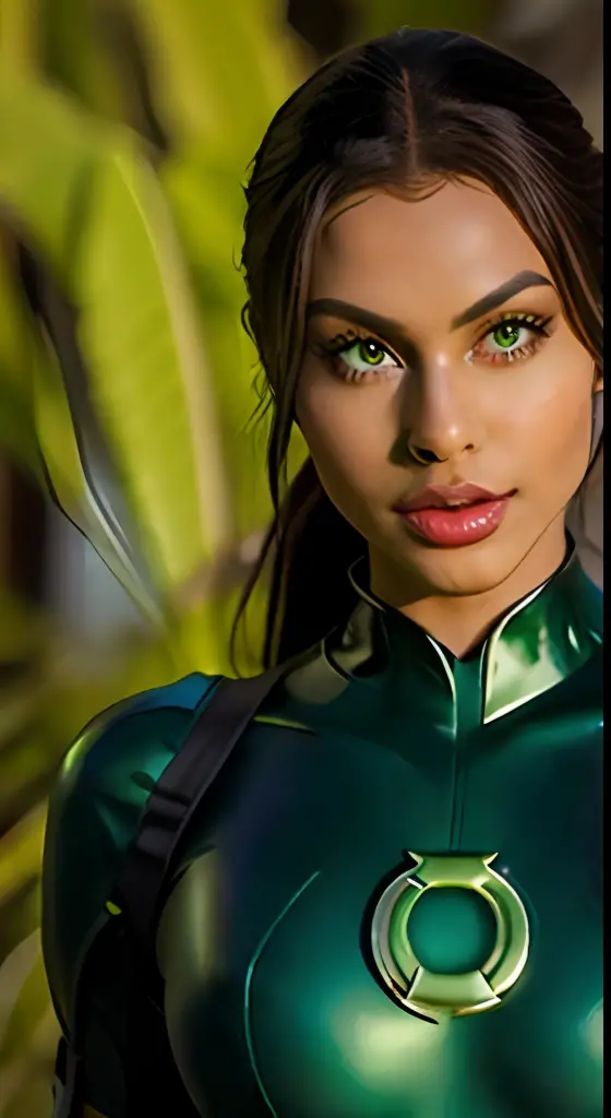 Brown skinned woman with green eyes and fleshy lips wearing a green lantern cosplay