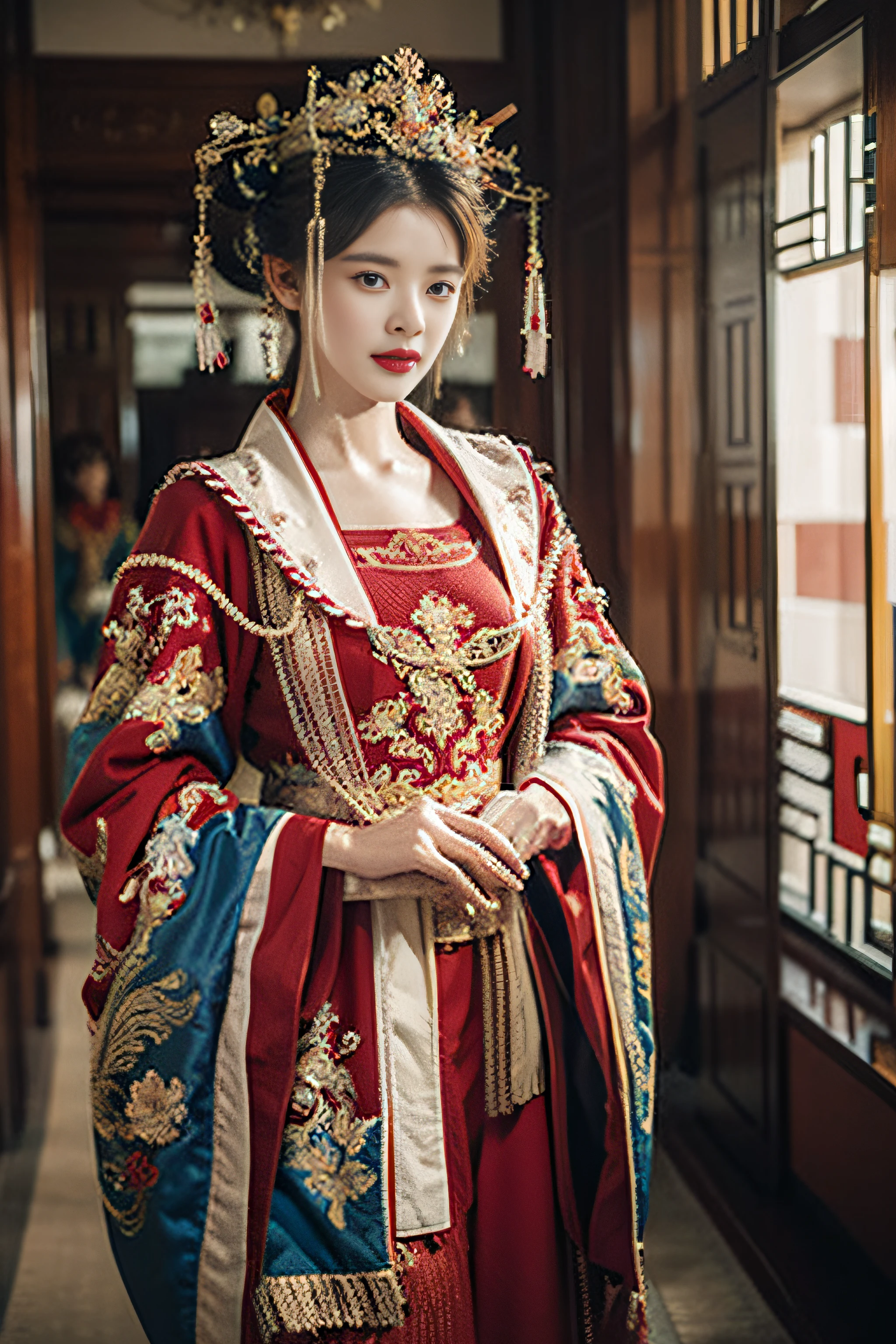 （Ultra-realistic 8k CG：1.2）,（Unbeatable masterpiece，Best quality at best：1.2）,Full body photo，are standing，A woman in a red and gold dress，Phoenix crown，hair stick，Be red in the face，is shy，black_hair，（forehead dot），chinese_clothes，耳Nipple Ring，hair_ornament，Hanfu，inside in room， jewely，rednails，long_sleeves，reddress，Redlip，nipple tassels，Long legs