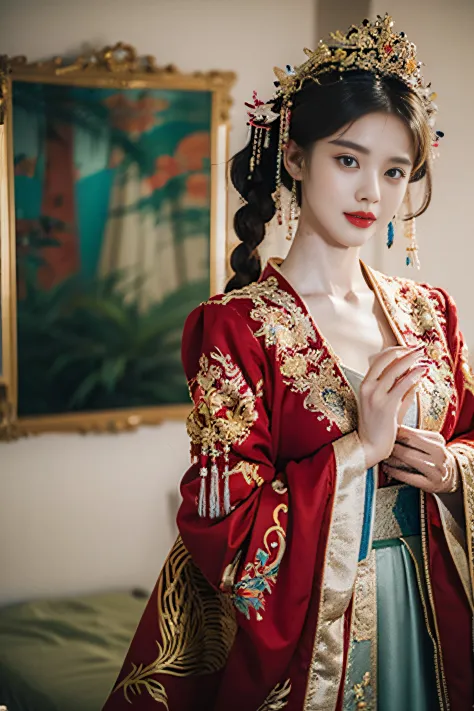 （Ultra-realistic 8k CG：1.2）,（Unbeatable masterpiece，Best quality at best：1.2）,Full body photo，are standing，A woman in a red and ...