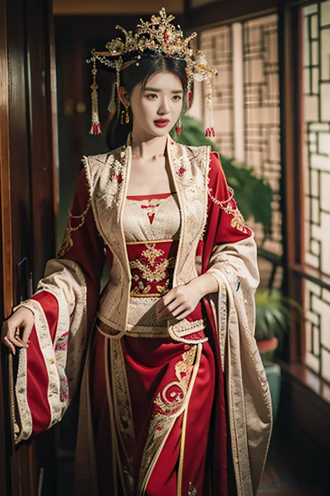（Ultra-realistic 8k CG：1.2）,（Unbeatable masterpiece，Best quality at best：1.2）,Full body photo，are standing，A woman in a red and ...