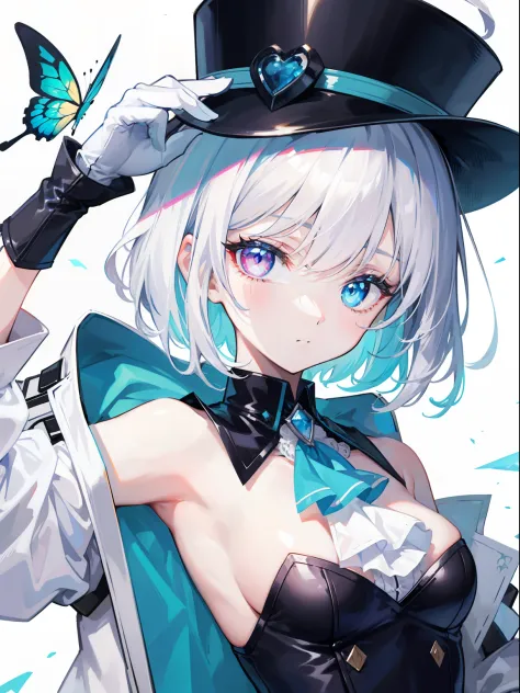 girls, White hair, blue highlights, cyan left eyes, blue right eyes, teenager, lady nobility cloth, neat outfit, costume with blue accents, white shirt, blue jacket, medium long white pant, medium short hair, solo, heterochromia, wearing hat, wearing glove...