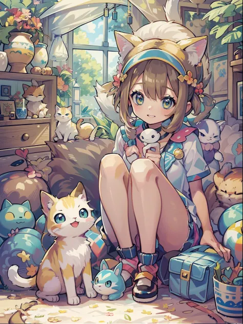1girl in,A pokémon_The card,(top-quality), (high_quality), (Convoluted_Details), (ultra-detailliert), (illustratio), (Distinct_image),saito_naoki,Vast background、Rainbow View、With cats（（Cute cat１.５））