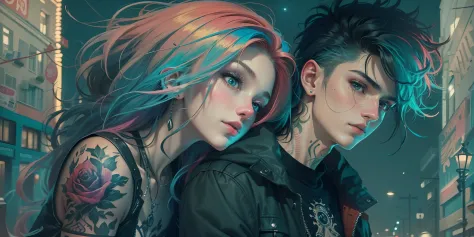 (masterpiece, best quality), 2 people lying, 1girl, emo, beautiful long hair, colorful hair, intricate jacket, magical tattoos, 1 boy, short hair, perfect night, moonlight, street