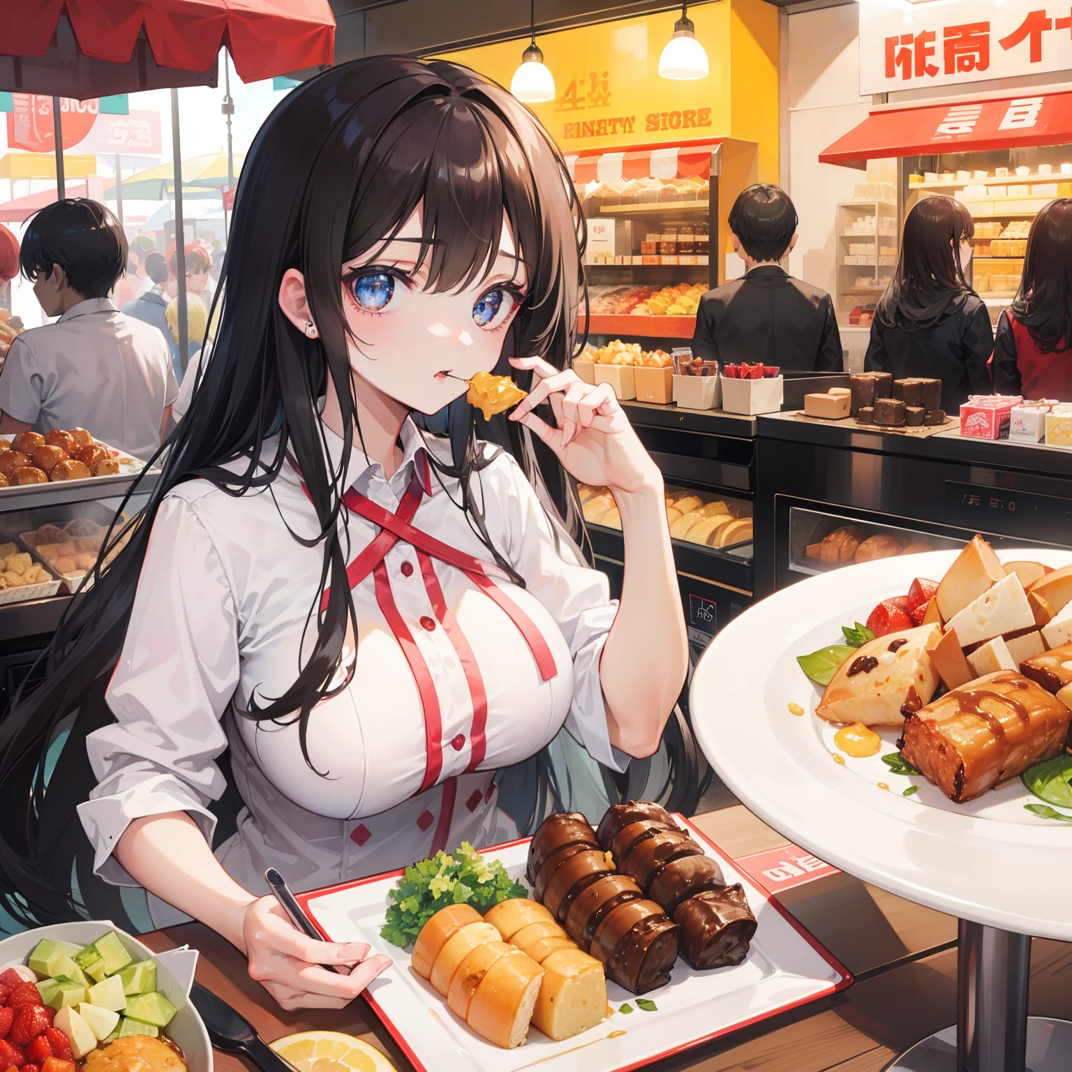 Anime girl eating a meal at a restaurant with a lot of food - SeaArt AI