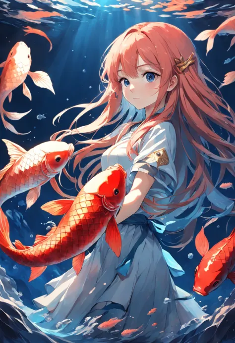 In the deep sea, A long-haired girl holds a koi fish in her arms，Ultra-clear，2D，Emphasize red and blue，Golden section