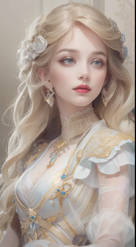 tmasterpiece，Best picture quality，A beautiful bust of a noble maiden，Delicate braids，Clear eyes，The hair is covered with beautiful and delicate floral craftsmanship，Crystal jewelry filigree，Ultra-detailed details，Soft lighting。