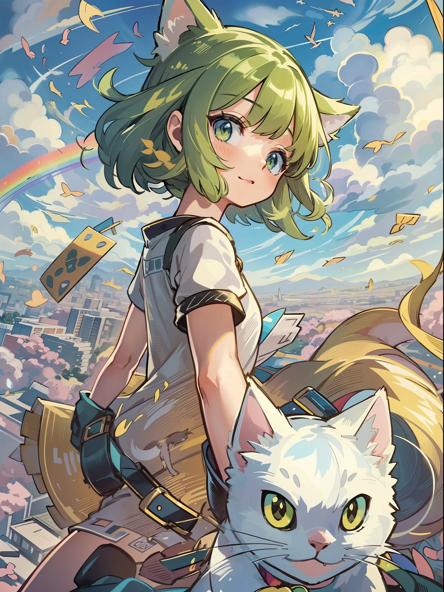 1girl in,A pokémon_The card,(top-quality), (high_quality), (Convoluted_Details), (ultra-detailliert), (illustratio), (Distinct_image),saito_naoki,Against the backdrop of the vast sky、Rainbow View、With cats（（Cute cat１.５））