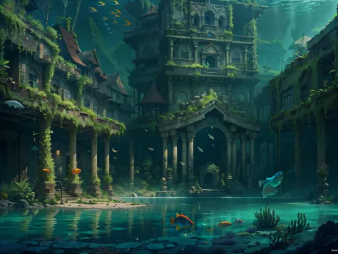 distant underwater shot, lost civilization, exotic architecture, tropical fish, epic dark fantasy