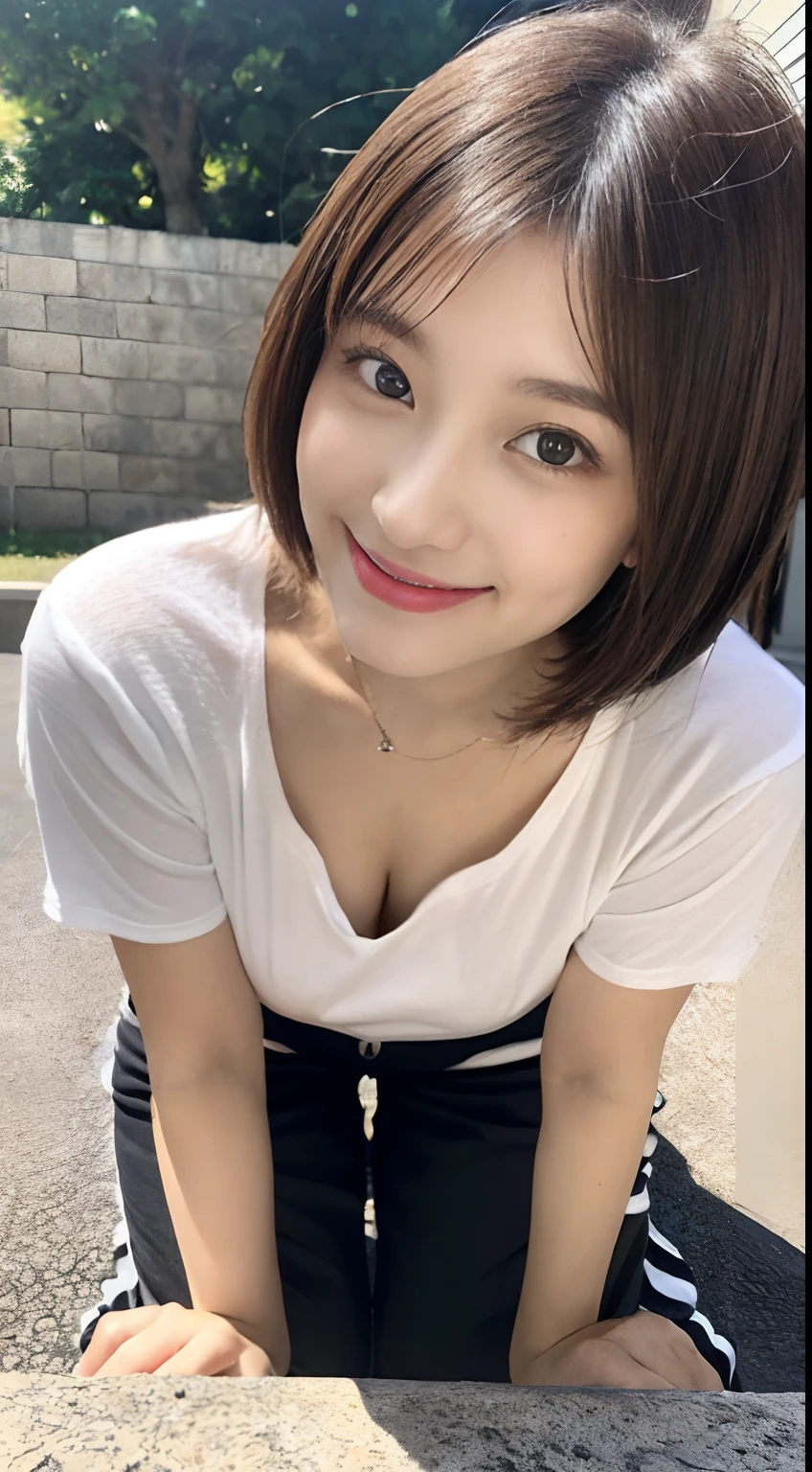 (leaning-forward、oversize tshirt、Loose-fitting T-shirt、Low Cut T-Shirt、white t-shirts:1.2)、(small tits、tiny chest:1.1)、(top-quality、8K、32K)、japanes、28 year old、Very pretty girl、a beauty girl、crouching down、Bright smile、outside of house、shinny skin、blurry backround、short-cut、Upper body close-up、Shot from above