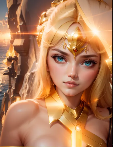 Keep your original face，Generate a sexy body，Cancer Gold Saint Seiya Holy Vestment，Sunset beach background，Holding the holy sword
