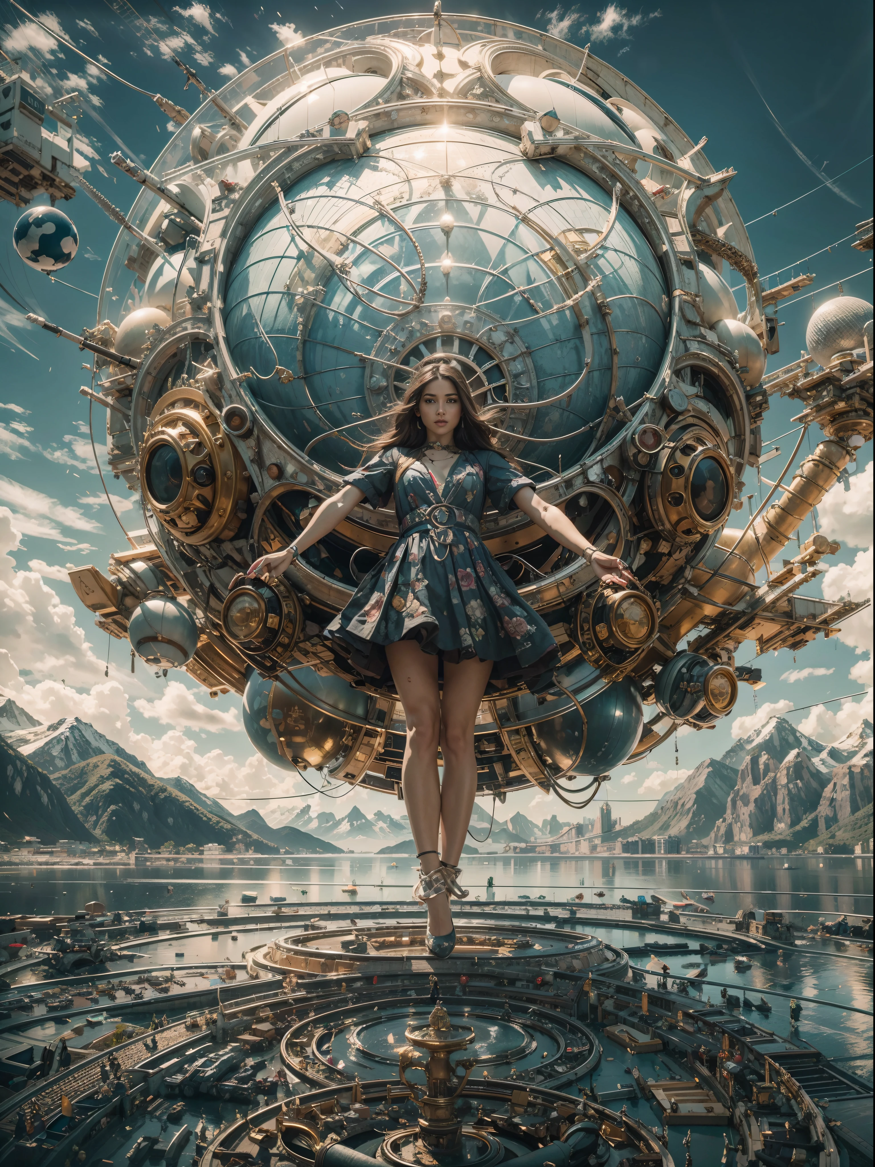 ((La mejor calidad)), ((obra maestra)), (muy detallado:1.3), Beautiful 25-year-old girl levitating on water, ella esta ubicada en el centro, levitating over the water of a lake with mountains in the background,spheres with fractal designs around, cyberpunk, Fractal design in the background, FUTURISTA, golden ratio, 3D tessellation of metal structures, neuronal graph, neuronas, Color, amor, passion, oil on canvas, pinceladas gruesas, Stunningly Detailed, 8k, obra maestra, Artstation, surrealista, obra maestra, realista, realismo, fotorrealismo, alto contraste, photorealistic digital art trending on artstation 8k hd high definition detailed realistic, detallado, textura de la piel, hiper detallado, textura realista de la piel, armadura, mejor calidad, ultra-high-resolution, , high resolusion, detallado, foto sin procesar, nikon d850 film stock photograph 4 kodak portra 400 camera f1.6 Lens rich colors hyper realistic texture dramatic lighting UnrealEngine trend in Artstation Cinestill 800,