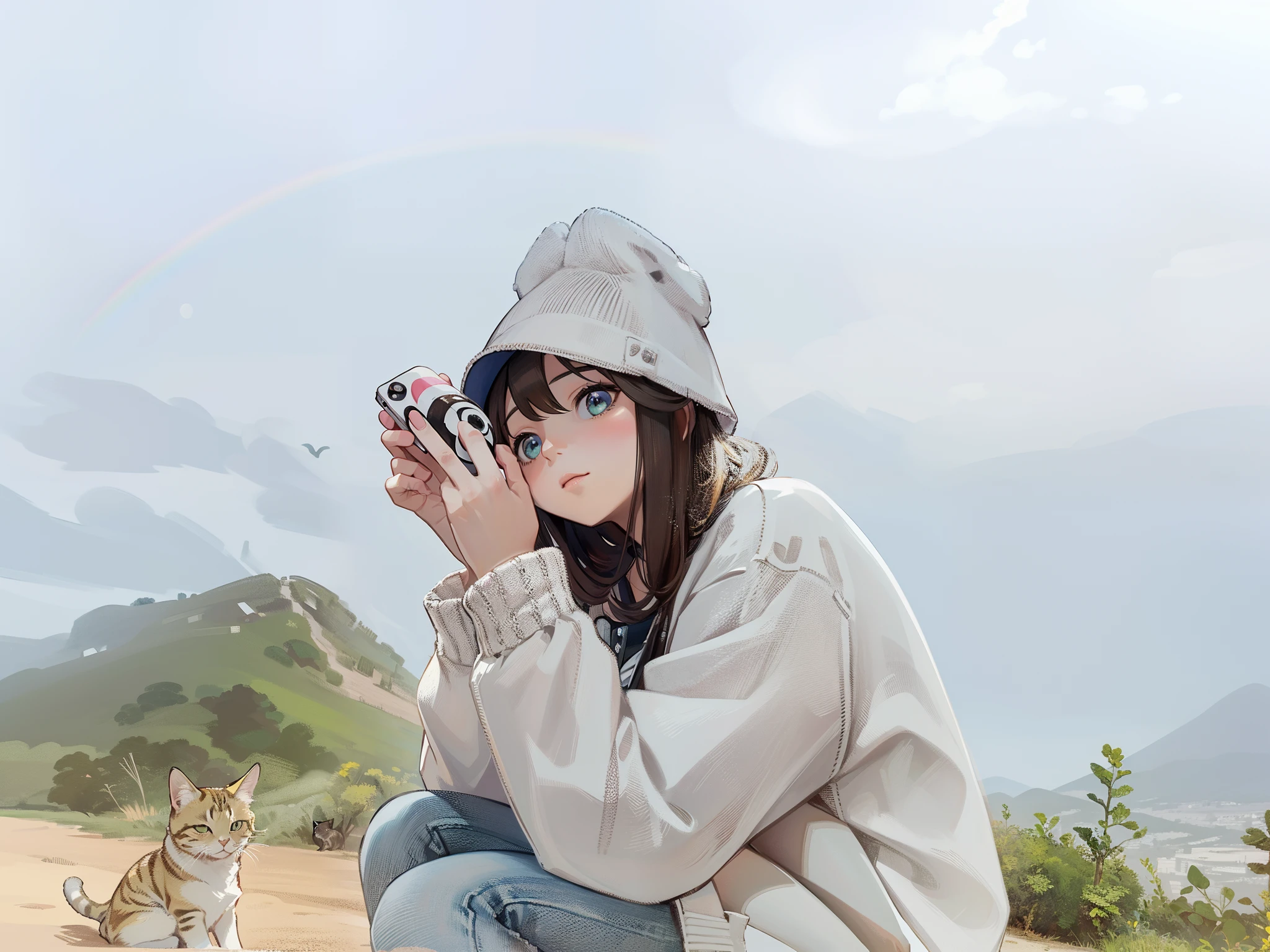 1girl in,A pokémon_The card,(top-quality), (high_quality), (Convoluted_Details), (ultra-detailliert), (illustratio), (Distinct_image),saito_naoki,Against the backdrop of the vast sky、Rainbow View、With cats（（Cute cat１.５））