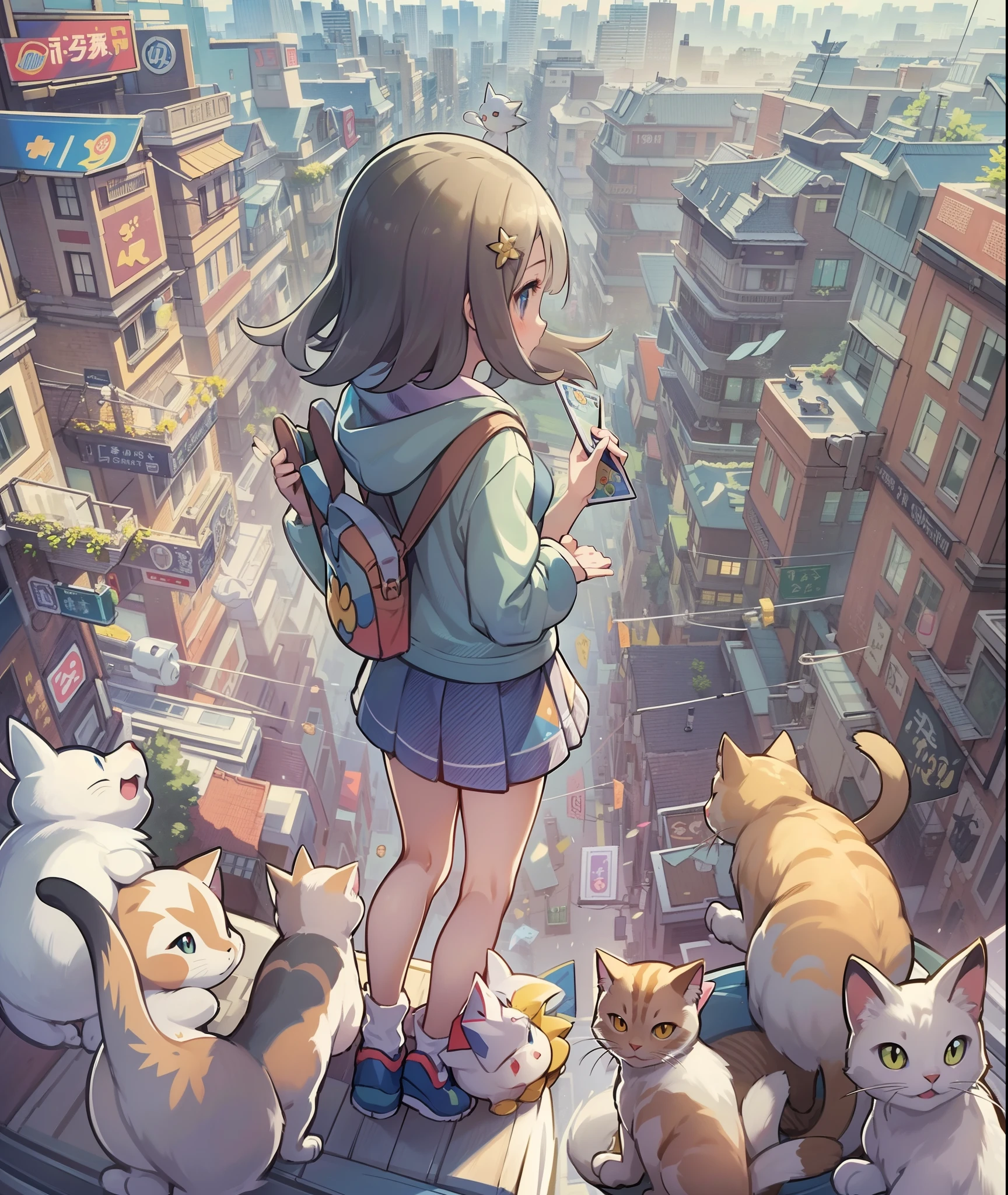 perfil、1 chica en,el pokemon_La tarjeta,(top-calidad), (Alto_calidad), (Complejo_detalles), (ultra detallado), (iluminación), (distinto_imagen),saito_Naoki,paisaje de la ciudad、Vista del arco iris、Con gatos（（lindo gato１.５））