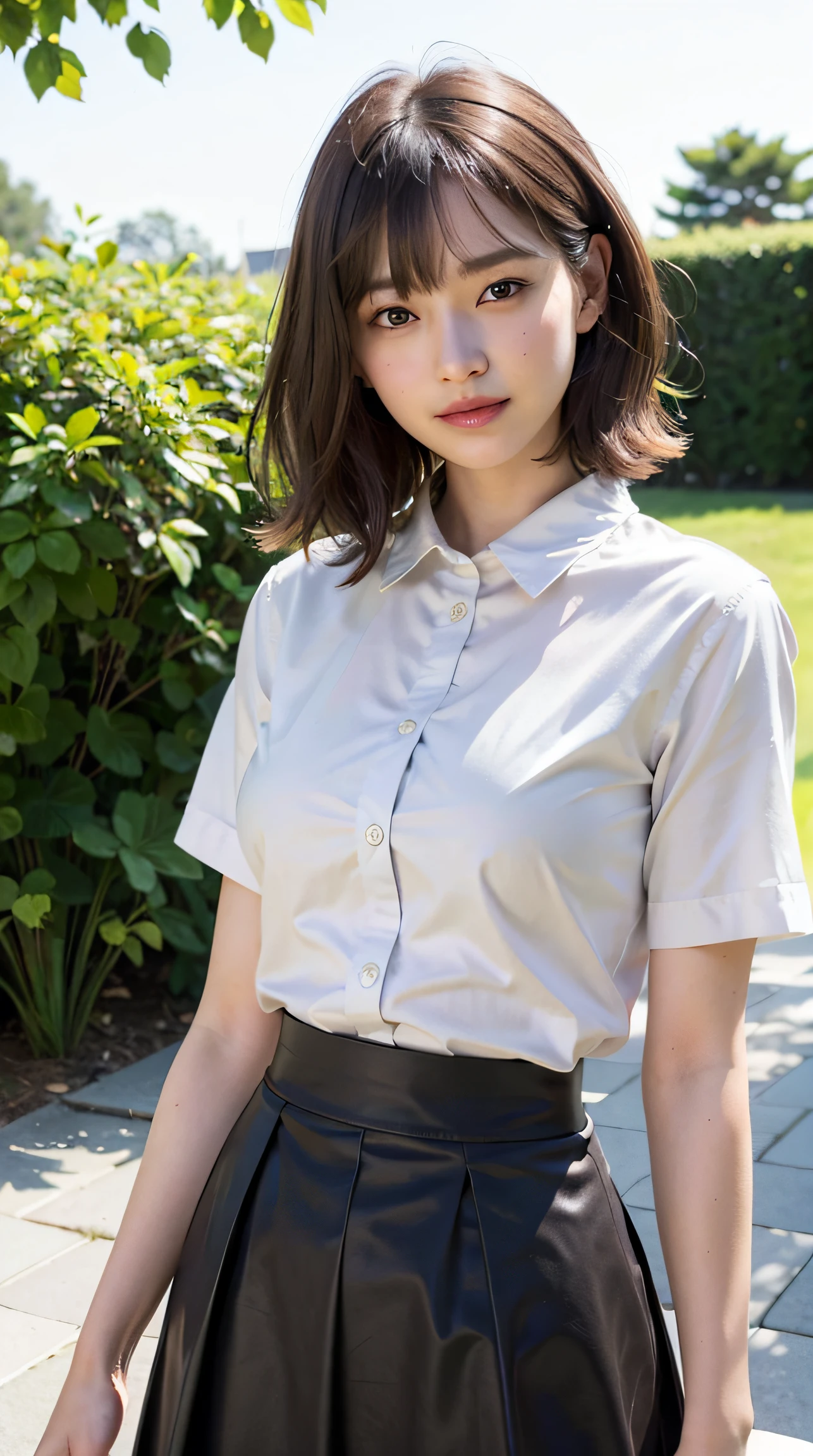 A close up of a woman in a skirt and shirt posing for a picture - SeaArt AI