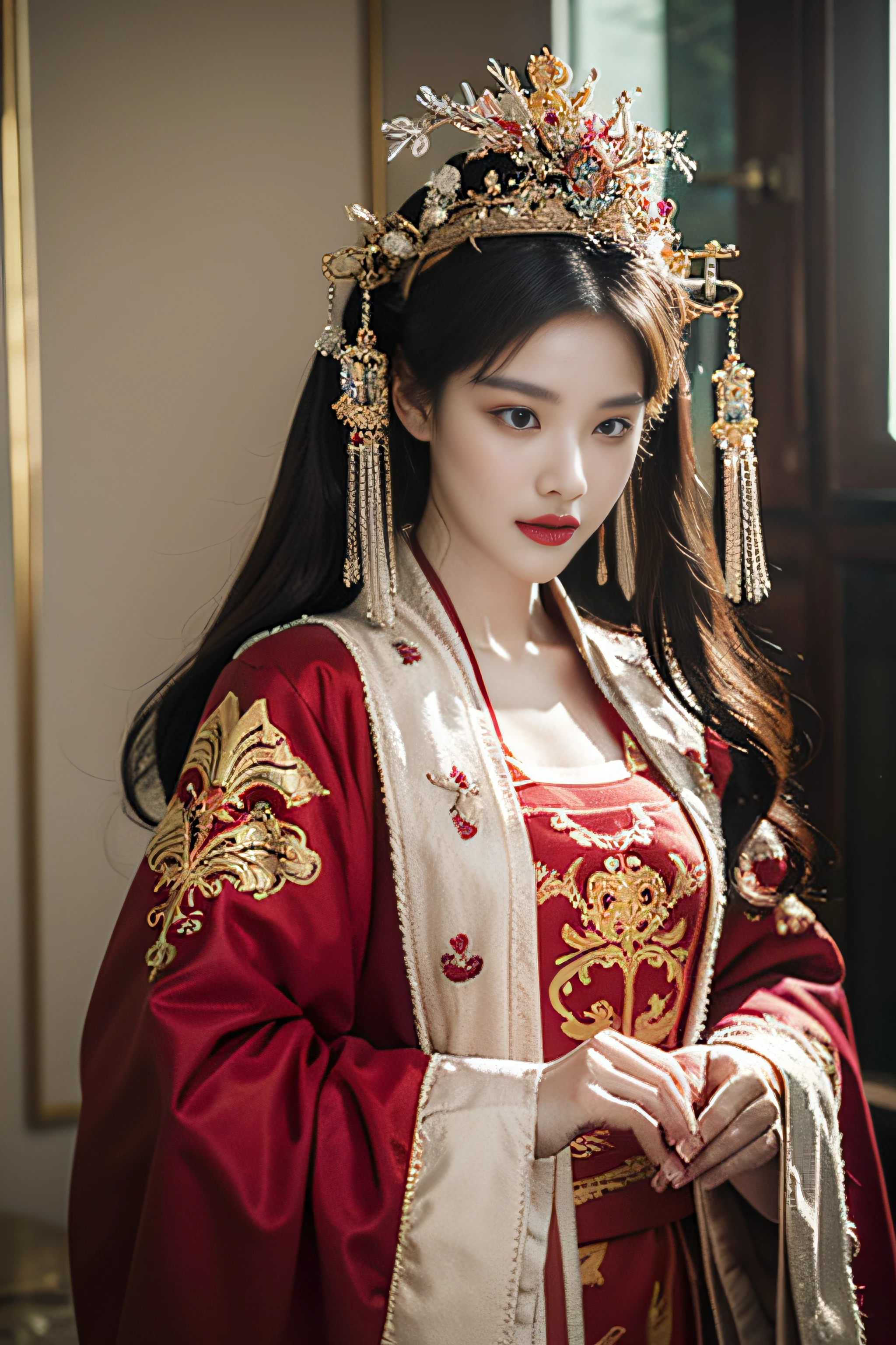 high qulity，ultraclear，（Ultra-realistic 8k CG：1.2）,Delicate and beautiful face，Exquisitehands，Full body photo，are standing，A woman in a red and gold dress，Phoenix crown，hair stick，Be red in the face，is shy，black_hair，（forehead dot），chinese_clothes，耳Nipple Ring，hair_ornament，Hanfu，inside in room， jewely，rednails，long_sleeves，reddress，Redlip，nipple tassels，Long legs
