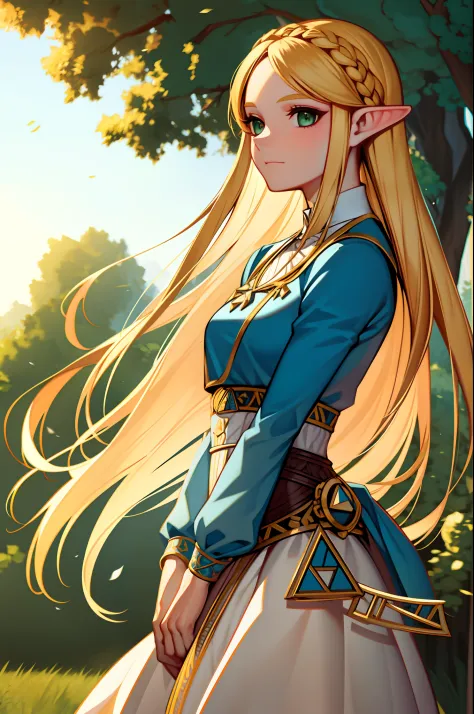 princess zelda,  1girl,  bangs, blonde hair, breasts, bridal gauntlets, closed mouth, expressionless, from side, green eyes, highres, jewelry, long hair, long sleeves, nintendo, outdoors, own hands together, pointy ears, ring, small breasts, solo, standing, the legend of zelda, tree, triforce print, upper body, blue shirt and black pants
