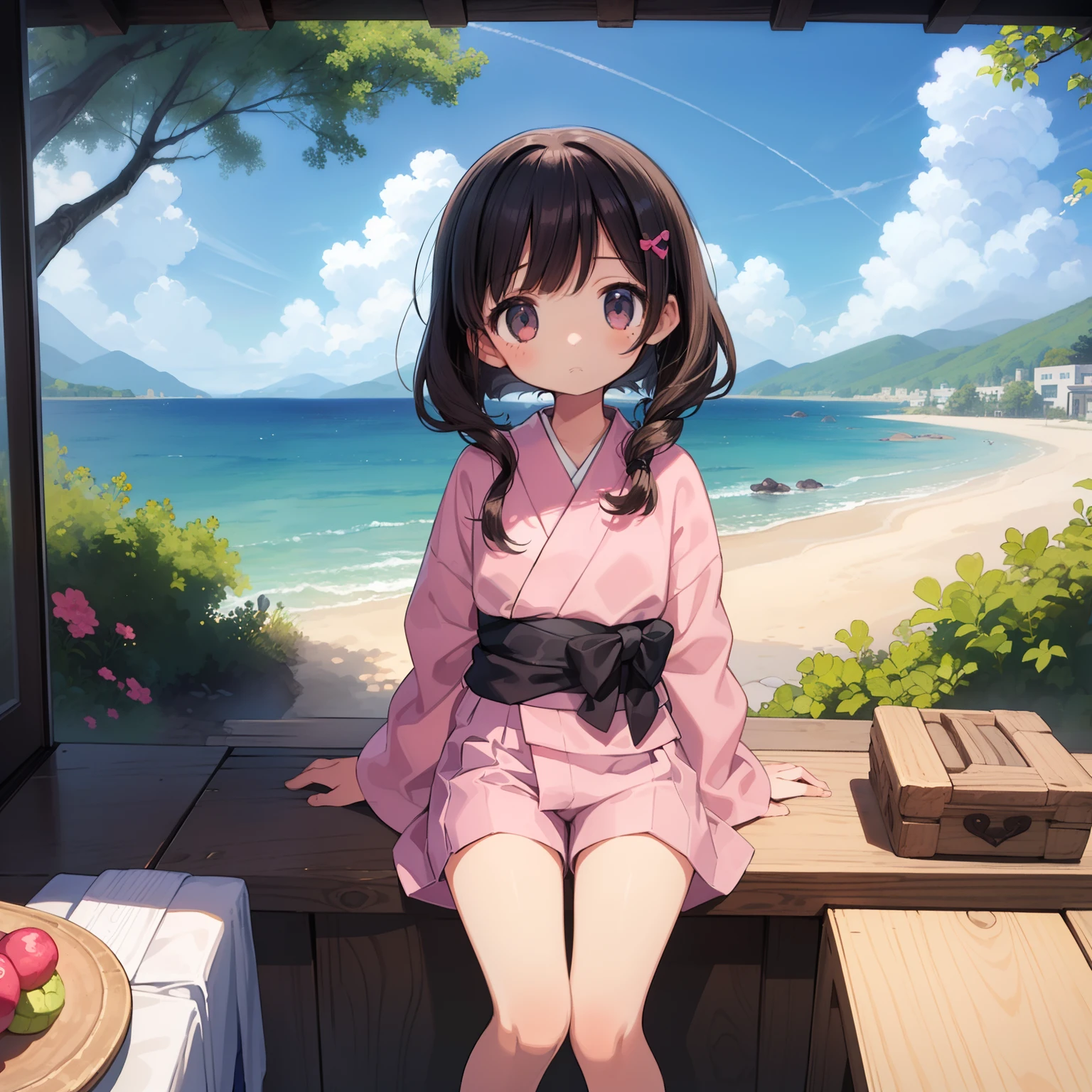 Beautiful illustration, Best Quality, (12-year-old girl:1.4)、(cute petit girl：1.3),Lori、 (Superb view), fantasylandscape,flat chest、Sailor collar、kimono、mini yukata、(Pink Chino Shorts：1.4)、