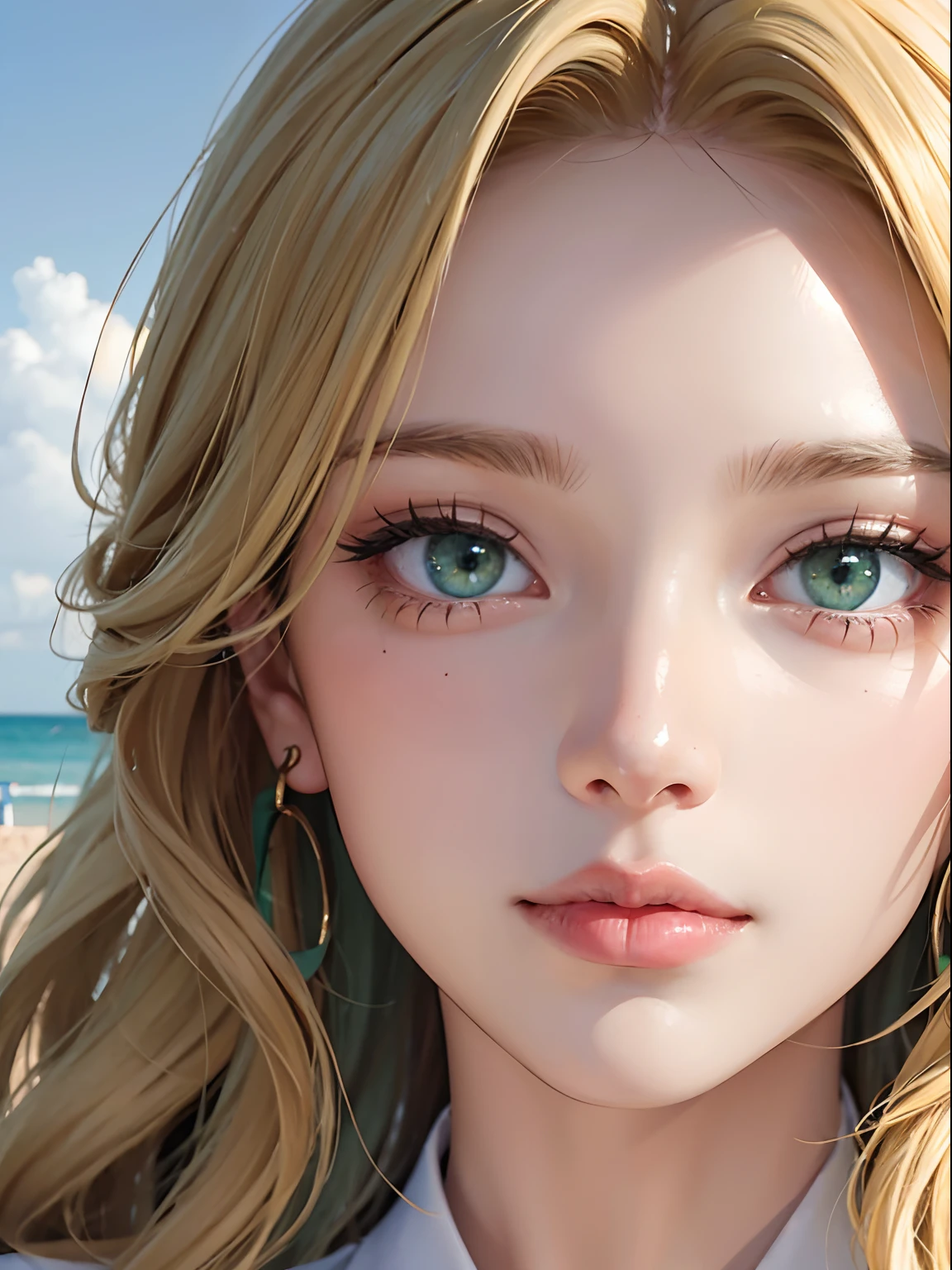 Anime girl with long blonde hair and green eyes on the beach - SeaArt AI