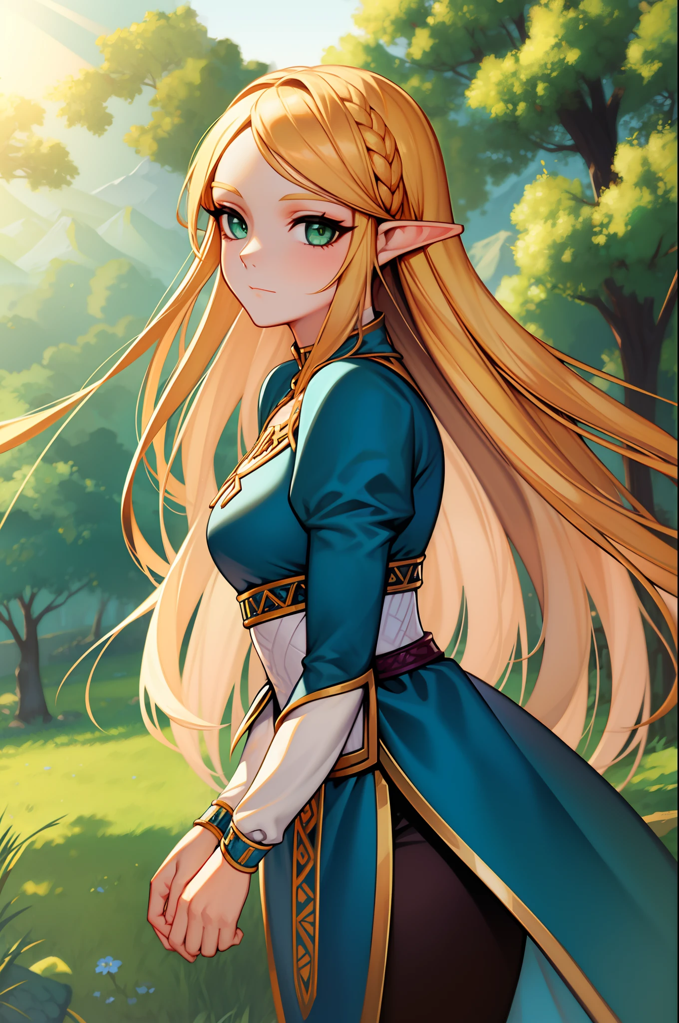 princess zelda,  1girl,  bangs, blonde hair, breasts, bridal gauntlets, closed mouth, expressionless, from side, green eyes, highres, jewelry, long hair, long sleeves, nintendo, outdoors, own hands together, pointy ears, ring, small breasts, solo, standing, the legend of zelda, tree, triforce print, upper body, blue shirt and black pants