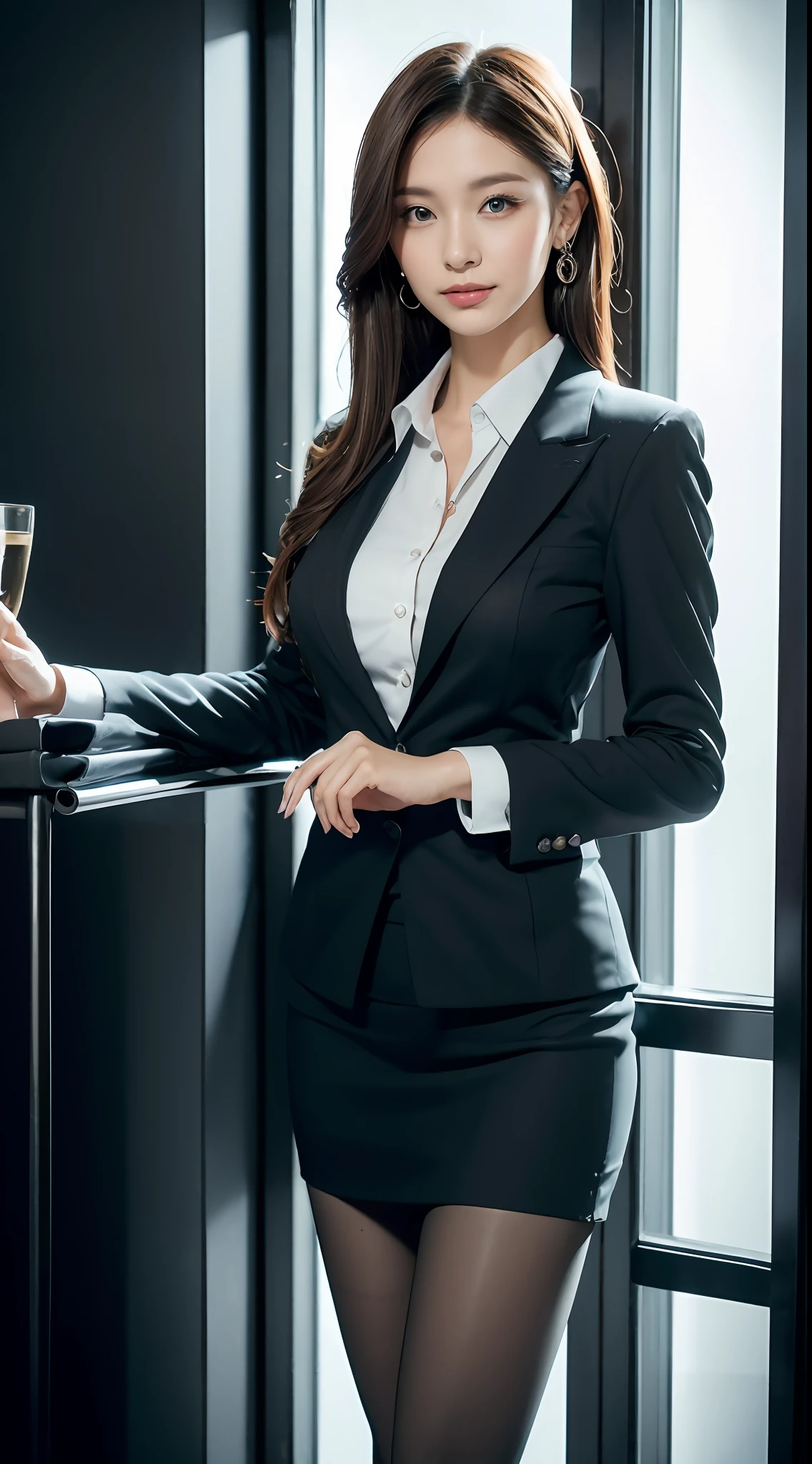 Classy upper-class elite secretary in business shirt, working in an office、Wearing a strict business suit, Wearing pantyhose、Wear high-end high heels、 Girl in a shirt, Wearing a business suit, Wearing a business suit, in a business suit, businesswoman, business clothes, wearing black business suit, Wear shirts and skirts, Woman in business suit, Business attire, business outfit, Raw photo, (8K、top-quality、​masterpiece:1.2)、(intricate detailes:1.4)、(Photorealsitic:1.4)、octane renderings、Complex 3D rendering ultra detail, Studio Soft Light, Rim Lights, vibrant detail, super detailing, realistic skin textures, Detail Face, Beautiful detail eyes, Very detailed CG Unity 16k wallpaper, make - up, (detailedbackground:1.2), Exposed thighs!!!,