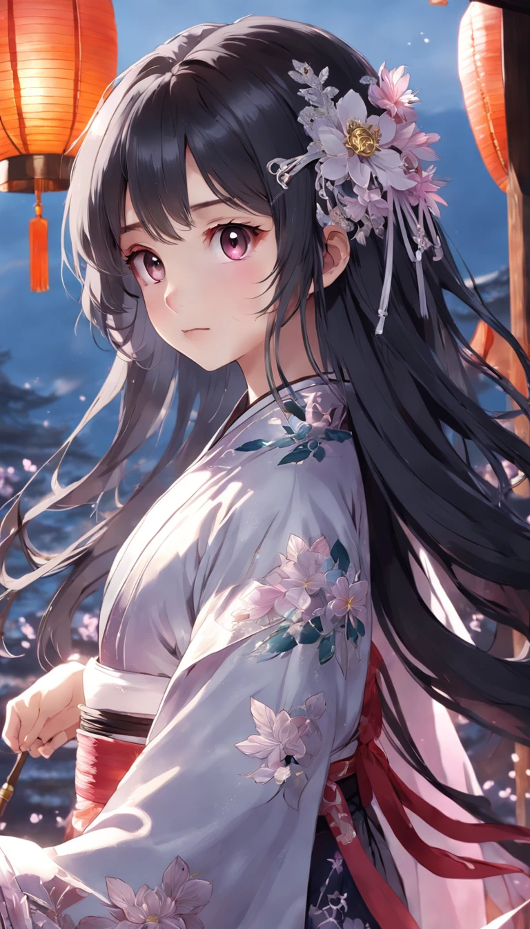 (Little girl:1.5),Lace,ribbon,Hanfu,(Masterpiece, side-lighting, Beautiful gray eyes，The details are meticulous: 1.2), Masterpiece, Realistic, Glowing eyes,Shiny hair,Black hair,long whitr hair, Glossy glossy skin, Solo, embarressed,No shoulder strap,Exquisite,prettify,sonoko,Flowers,flying petal,
