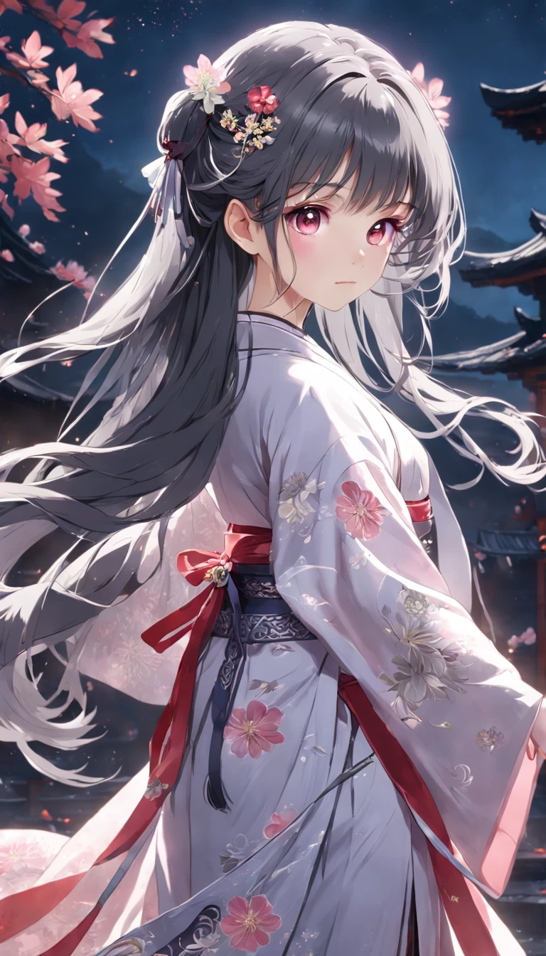 (Little girl:1.5),Lace,ribbon,Hanfu,(Masterpiece, side-lighting, Beautiful gray eyes，The details are meticulous: 1.2), Masterpiece, Realistic, Glowing eyes,Shiny hair,Black hair,long whitr hair, Glossy glossy skin, Solo, embarressed,No shoulder strap,Exquisite,prettify,sonoko,Flowers,flying petal,