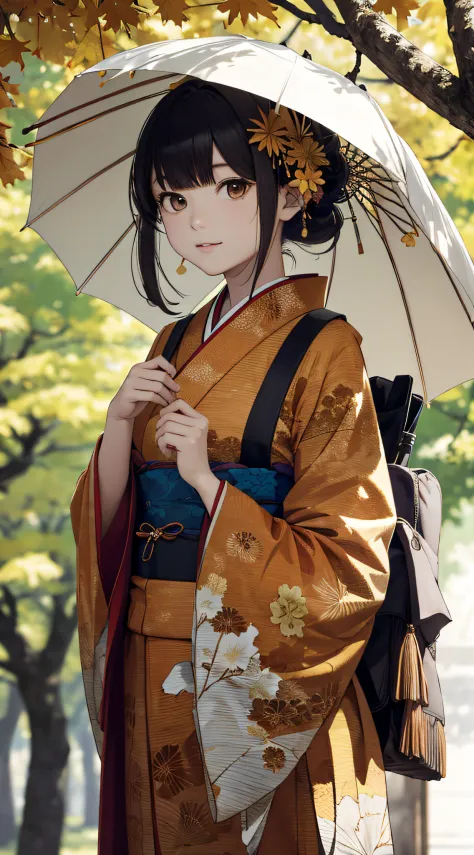 autumnal，beautiful  Girl（1girll：1.3），A high resolution，ultra - detailed，ginko，Ginkgo tree，Japan kimono，Noon time，And focus on the subtle details and atmosphere of the scene。