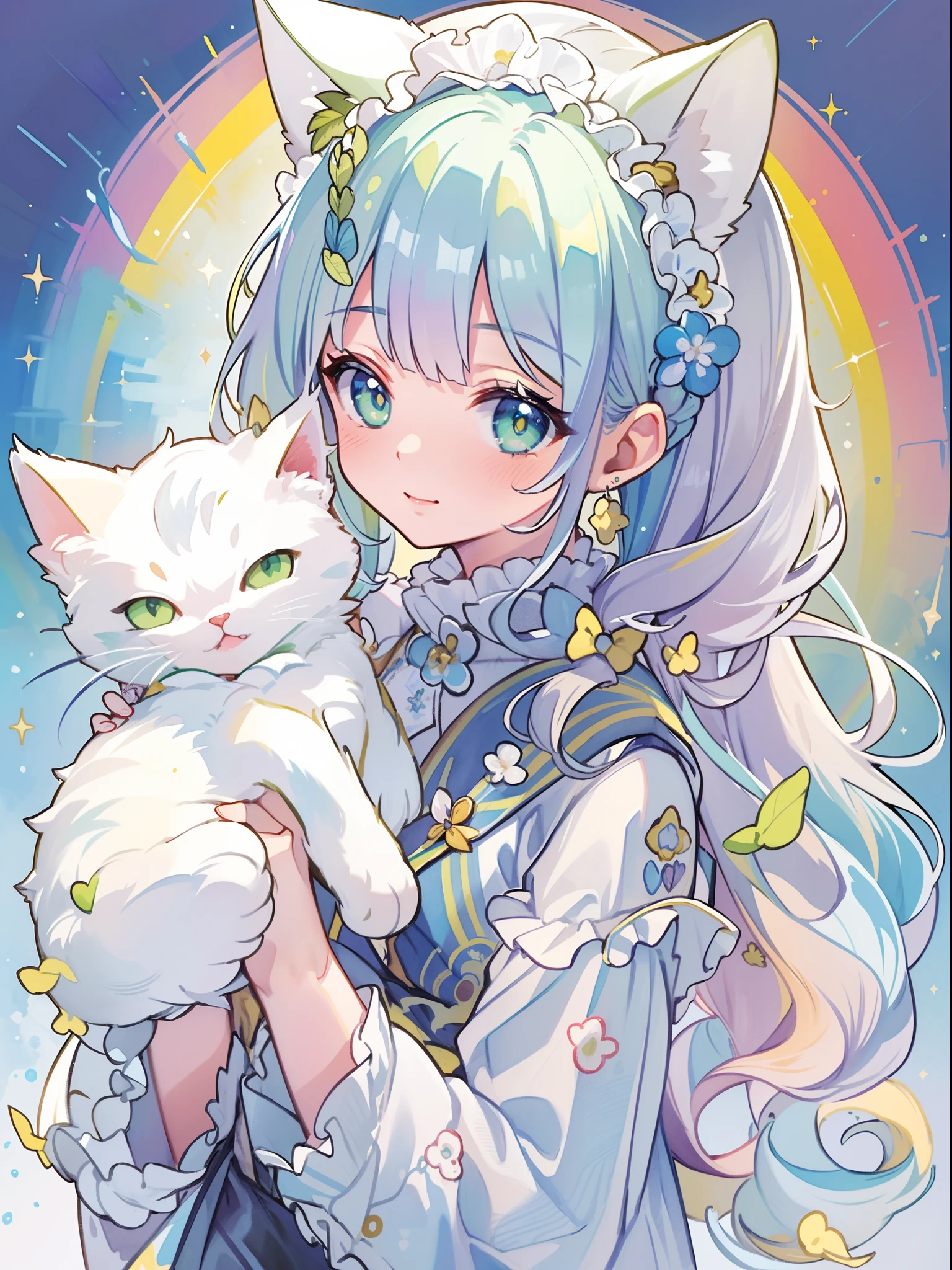 ((Best quality1.2))、((Masterpiece 1.2))、watercolor paiting、((Fashionable clothes))、((Take a cute cat 1.5))、white colors((rainbow-colored hair))、Vast sky