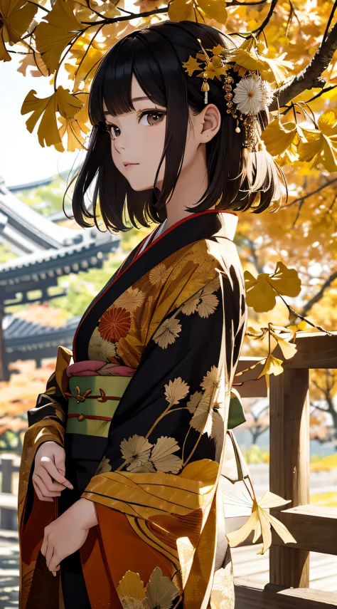 autumnal，beautiful  Girl（1girll：1.3），A high resolution，ultra - detailed，ginko，Ginkgo tree，Japan kimono，Noon time，And focus on the subtle details and atmosphere of the scene。
