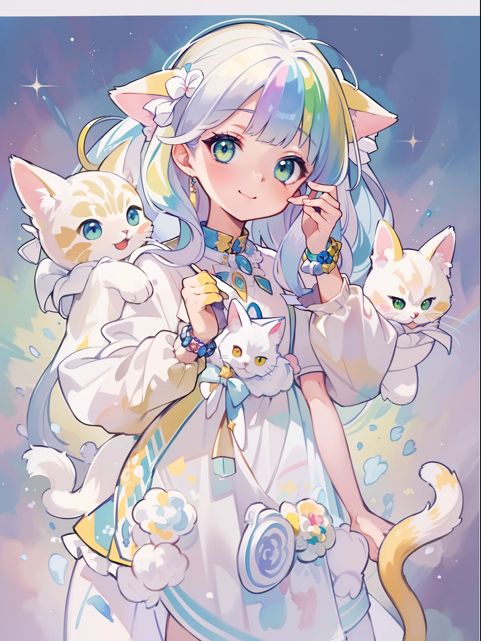 ((Best quality1.2))、((Masterpiece 1.2))、watercolor paiting、((Fashionable clothes))、((Take a cute cat 1.5))、white colors((rainbow-colored hair))、Vast sky