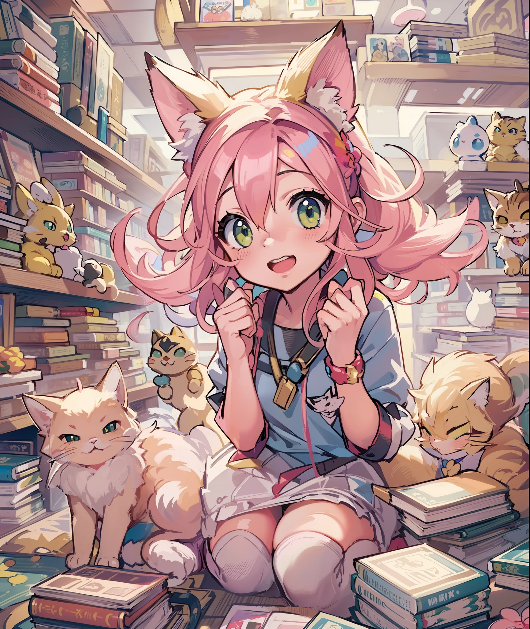 1girl in,A pokémon_The card,(Best quality1.２), (hightquality), (Convoluted_Details), (ultra-detailliert), (illustratio), (Distinct_image),With cats((1 With cute cats.5)),((Pink hair))、bookstore