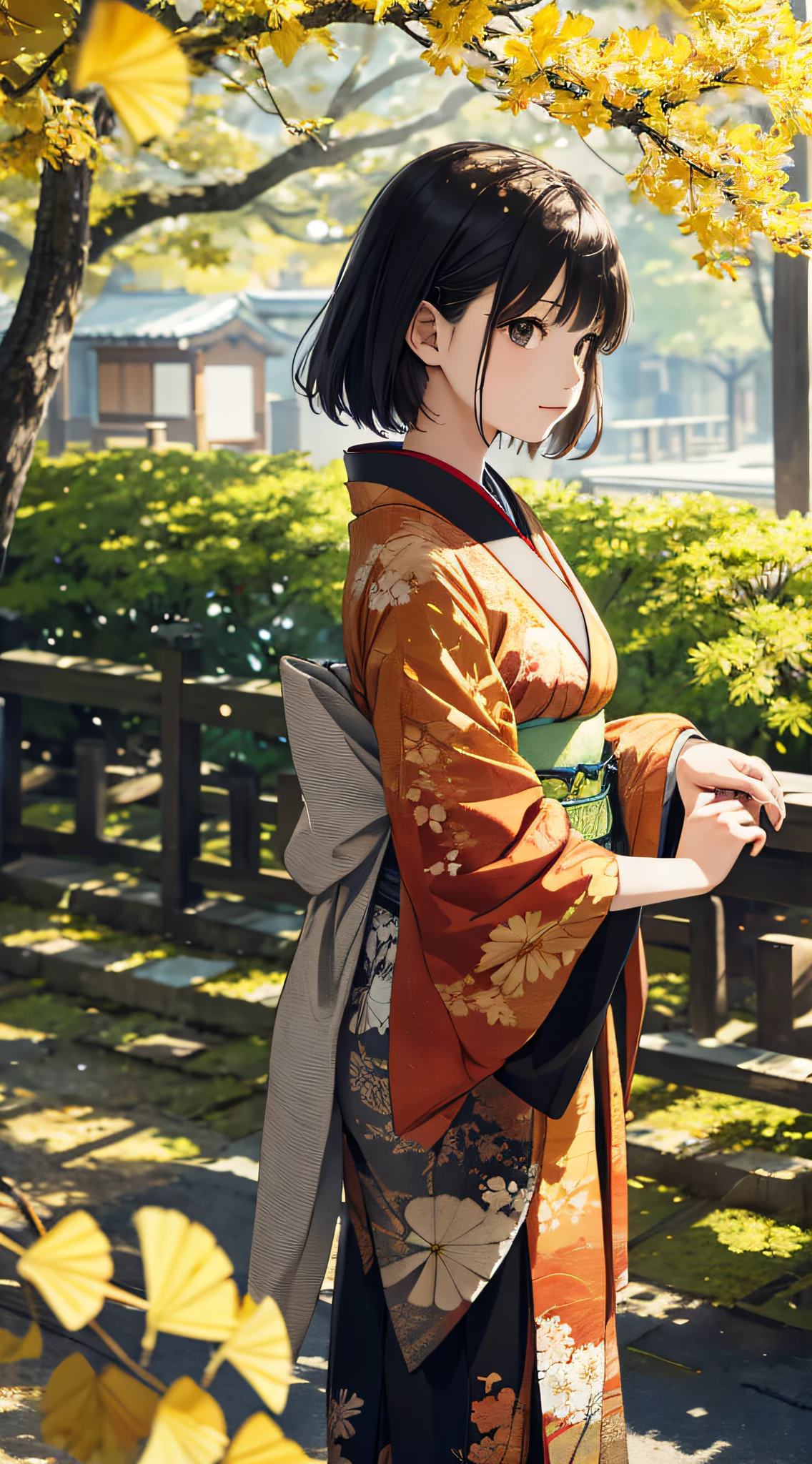 autumnal，beautiful  Girl（1girll：1.3），A high resolution，ultra - detailed，ginko，Ginkgo tree，Random Japanese kimono，Noon time，And focus on the subtle details and atmosphere of the scene。