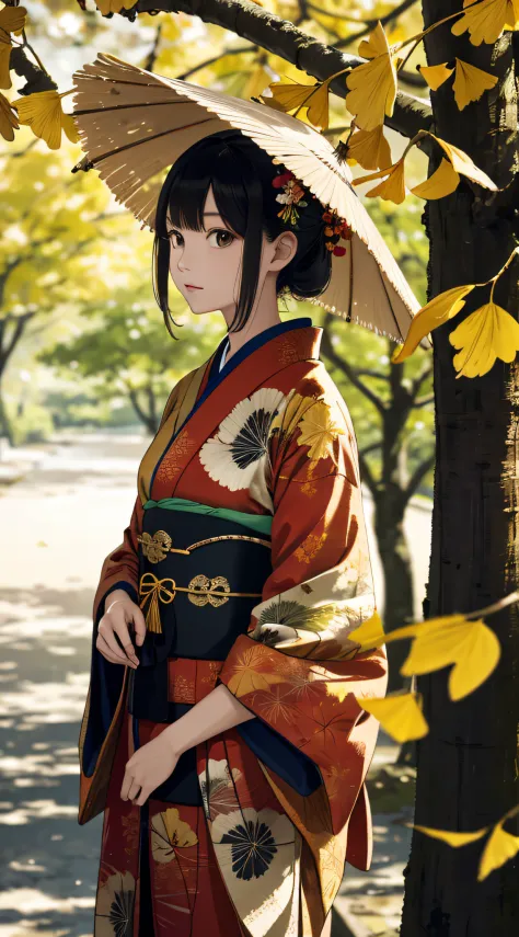 autumnal，beautiful  Girl（1girll：1.3），A high resolution，ultra - detailed，ginko，Ginkgo tree，Random Japanese kimono，Noon time，And focus on the subtle details and atmosphere of the scene。