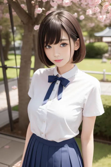 (Thin eyebrows:0.5)、(thin lipss:0.8)、(small nose:0.8)、Walk big、Japan's 28-year-old idol、White Short Sleeve Cutter Shirt、Ribbon Ties、Dark blue pleated skirt、long red skirt、tights、adult lady、light brown hair、short-hair、Smile、(the perfect body:1.2)、7headed bo...