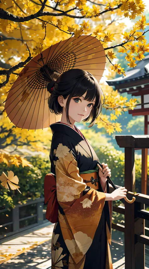autumnal，beautiful  Girl（1girll：1.3），A high resolution，ultra - detailed，ginko，Ginkgo tree，Japan kimono，holding a umbrella，Noon time，And focus on the subtle details and atmosphere of the scene。