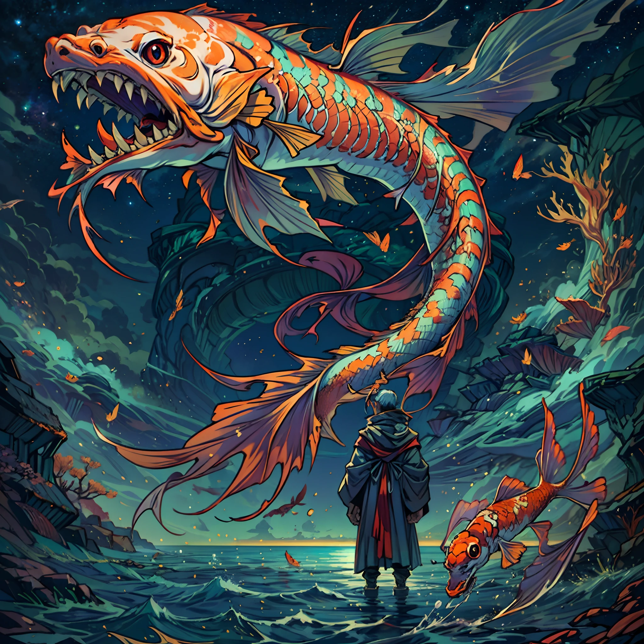 Vue arrière d'un puissant nécromancien debout sur le sol invoquant un colossal et horrible poisson-koi mort-vivant d'un vaste océan, (ciel de nuit)