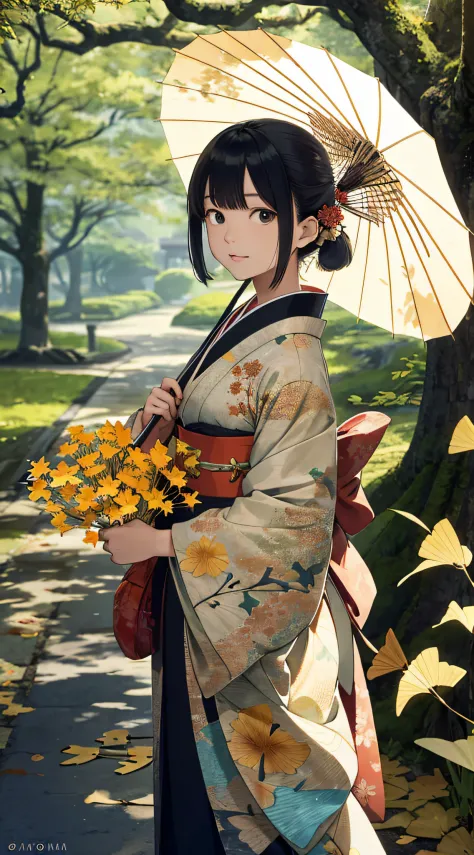 autumnal，beautiful  Girl（1girll：1.3），A high resolution，ultra - detailed，ginko，Ginkgo tree，Japan kimono，holding a umbrella，Noon time，And focus on the subtle details and atmosphere of the scene，in style of hayao miyazaki，