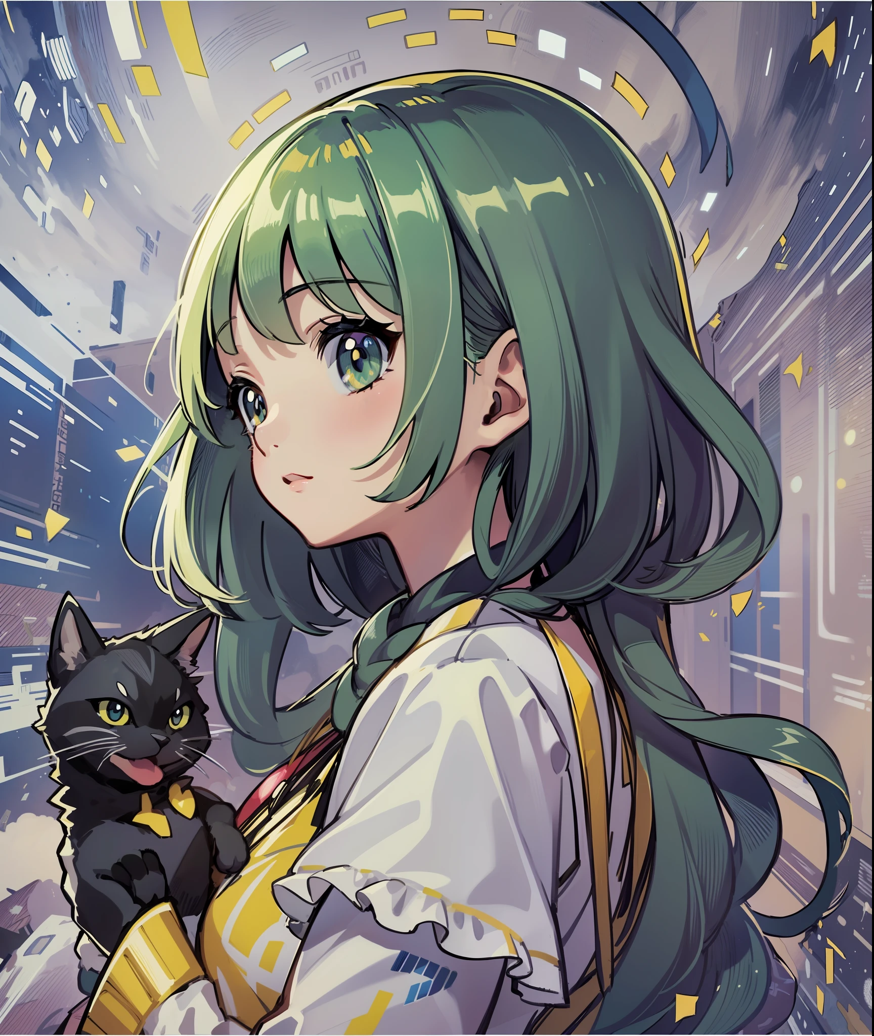 1girl in,A pokémon_The card,(top-quality), (high_quality), (Convoluted_Details), (ultra-detailliert), (illustratio), (Distinct_image),saito_naoki,amazing background、Rainbow View、With cats（（Cute cat１.５））